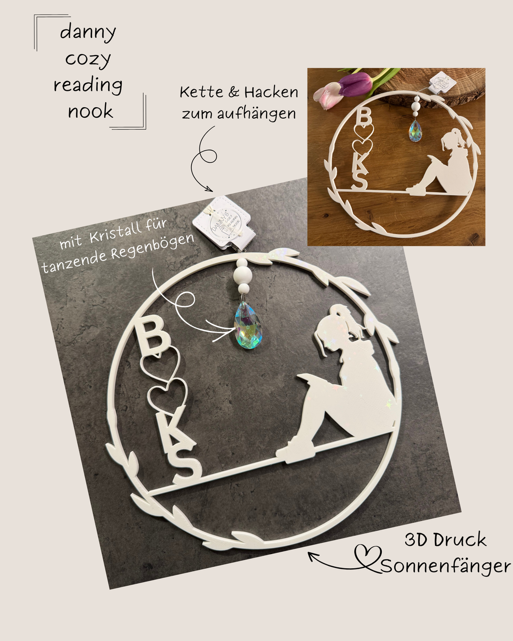 3D Druck Sonnerfänger "Booklover" mit Kristall